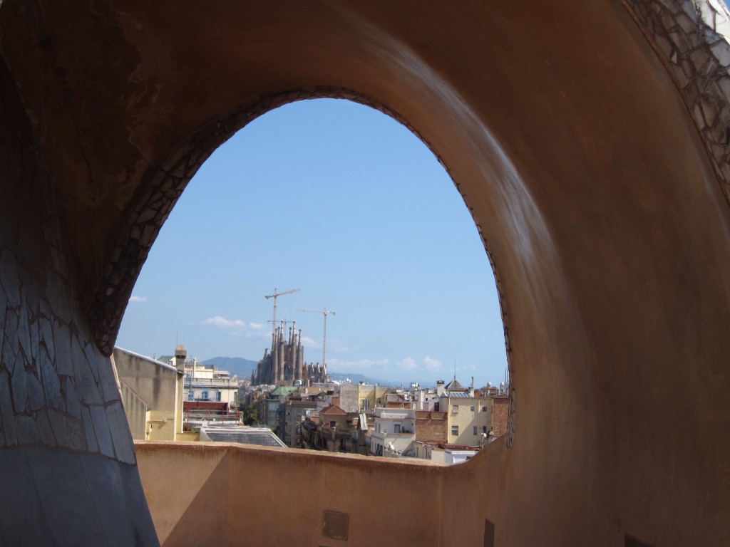 Viewing the Sagrada Familia from the rooftop of La Padrera.