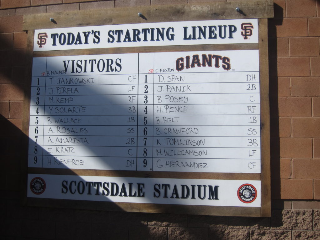 Hand written starting lineups are posted at the entrance to the stadium