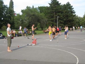 Footbaggers and jugglers in Prague